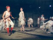 1994 production of Die in Debt, under the Gardiner Expressway. Randi Helmers runs across frame, with Alex Bulmer standing in foreground