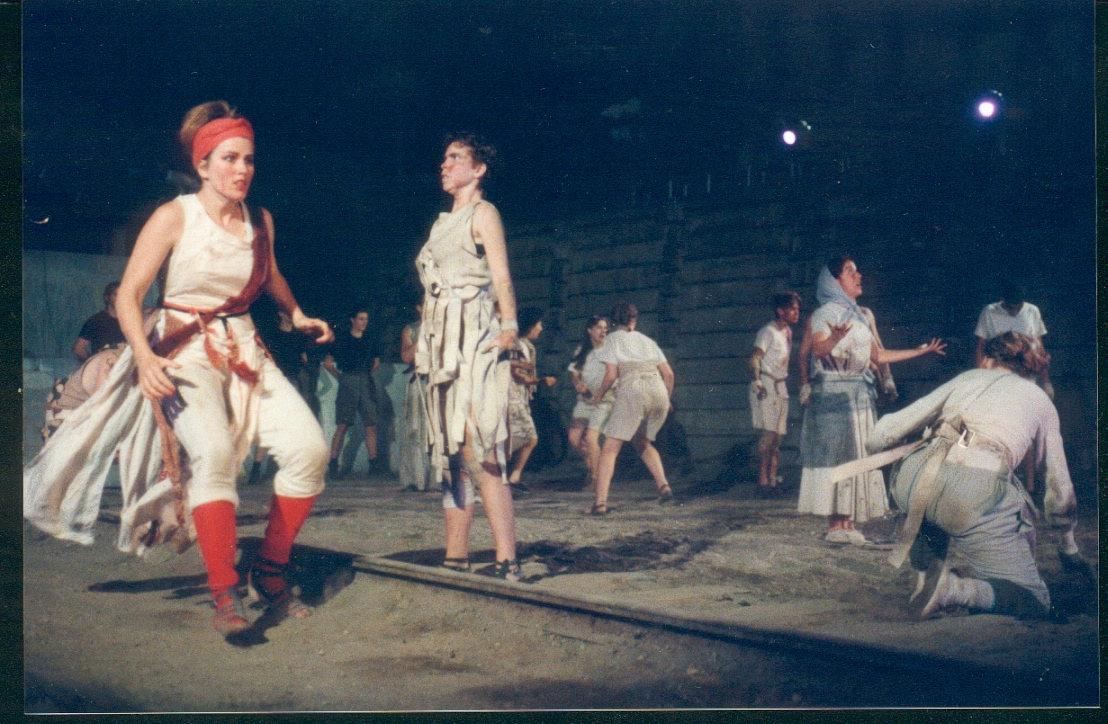 1994 production of Die in Debt, under the Gardiner Expressway. Randi Helmers runs across frame, with Alex Bulmer standing in foreground
