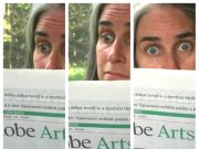 A collage of three images: Jill reading the paper and discovering something with surprise.