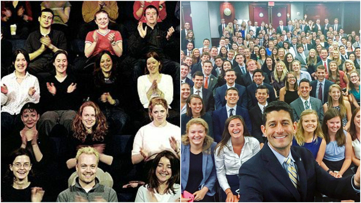Two pictures set side by side. The right image is of an audience of white folks, smiling and clapping. The left image is a selfie taken by Paul Ryan and his very large team of all-white interns.