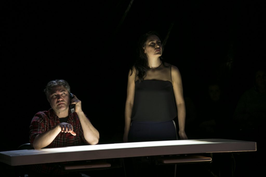 Kevin Loring and Quelemia Sparrow in Act 1 of “The Pipeline Project”. Photo by Matt Reznek.