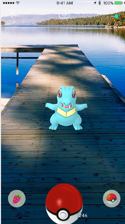 Pokemon Go Dragon on a dock at a lake in wilderness